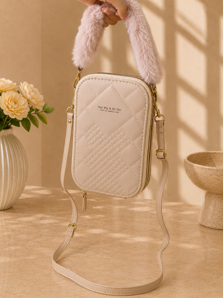 Women's Light Beige Quilted Mini Crossbody Phone Bag