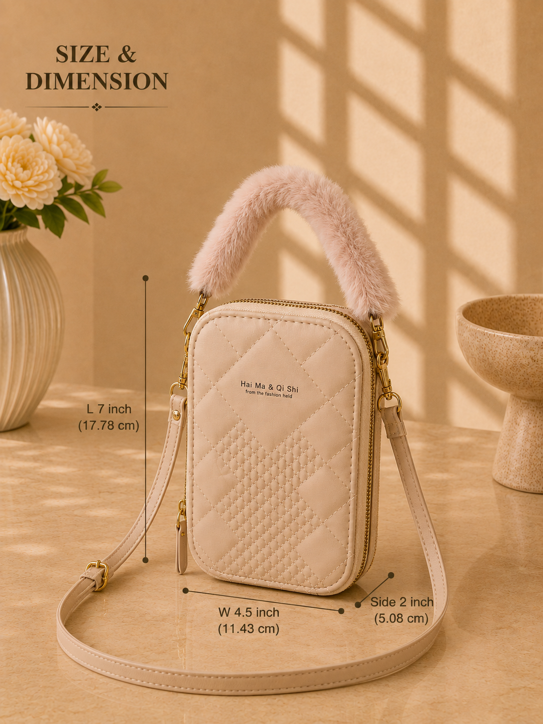 Women's Light Beige Quilted Mini Crossbody Phone Bag