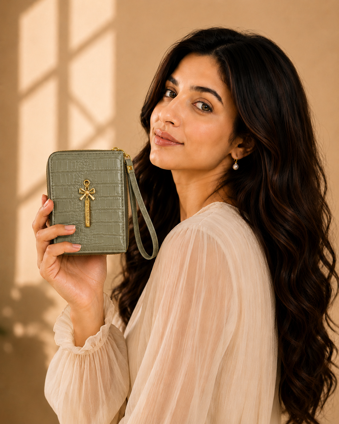 Crocodile-Embossed PU Leather Wristlet Wallet