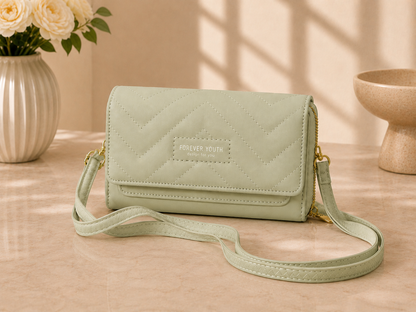 Women's Light Sage Green Quilted Flap Crossbody Wallet Bag