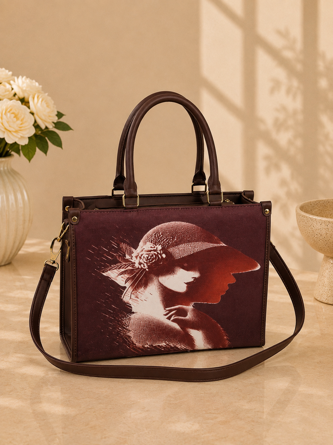 Women's Vintage Portrait Print Structured Tote Handbag