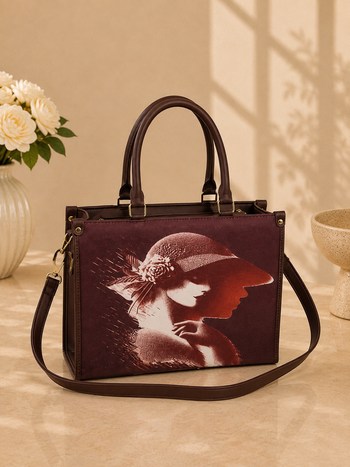 Women's Vintage Portrait Print Structured Tote Handbag