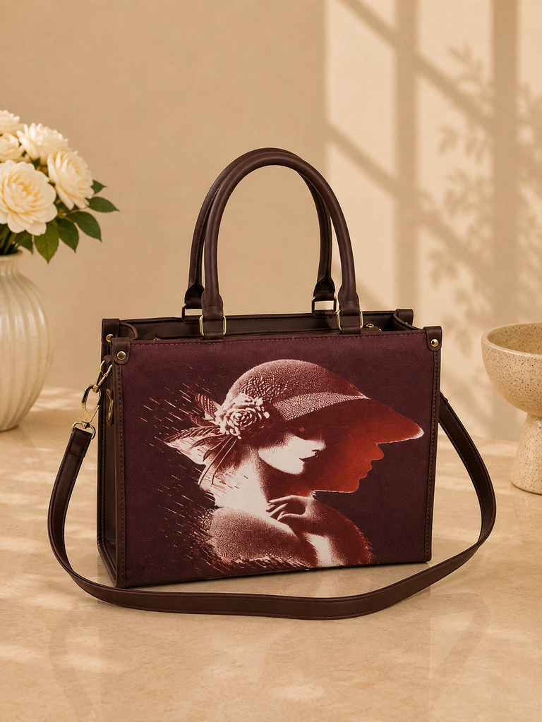 Women's Vintage Portrait Print Structured Tote Handbag
