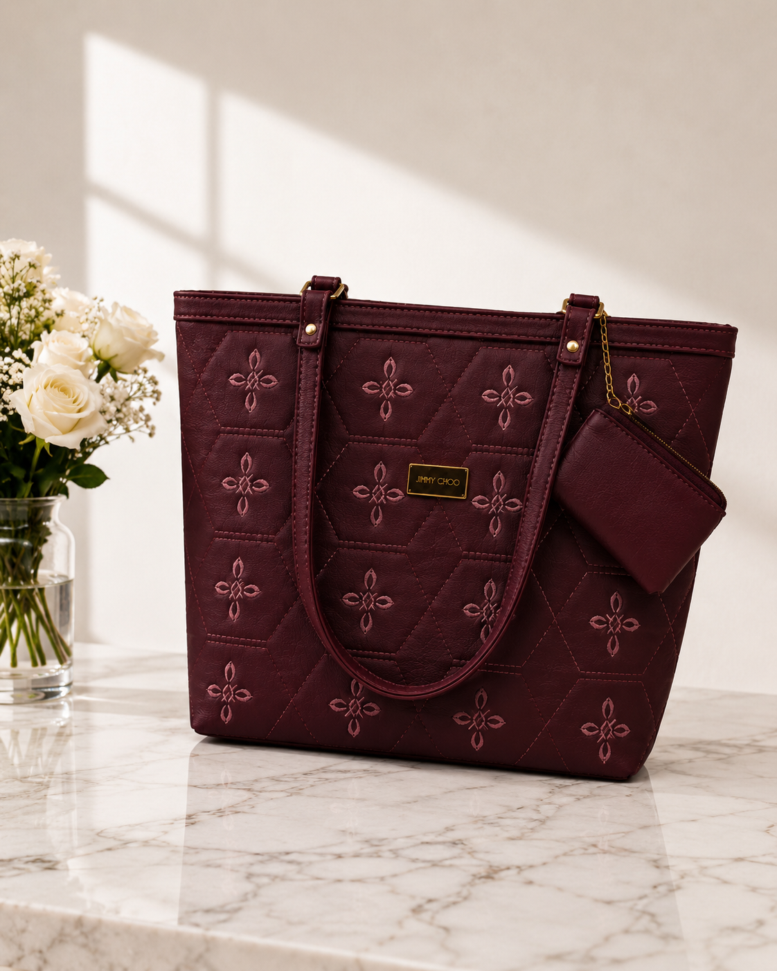 Women's Burgundy Embroidered Tote Bag