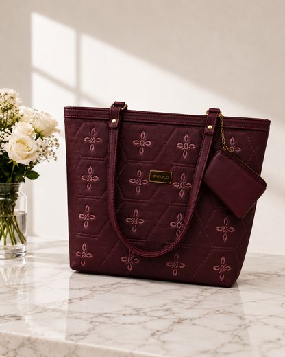 Women's Burgundy Embroidered Tote Bag