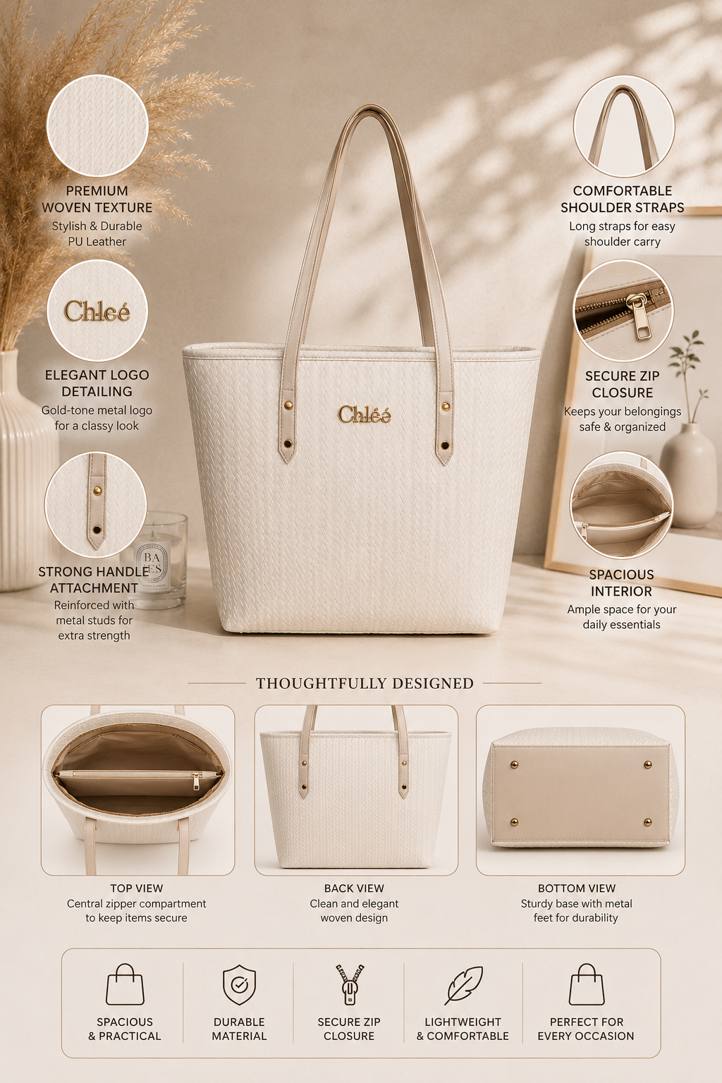 Women's White Woven Tote Bag