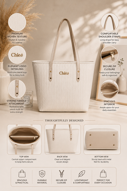 Women's White Woven Tote Bag
