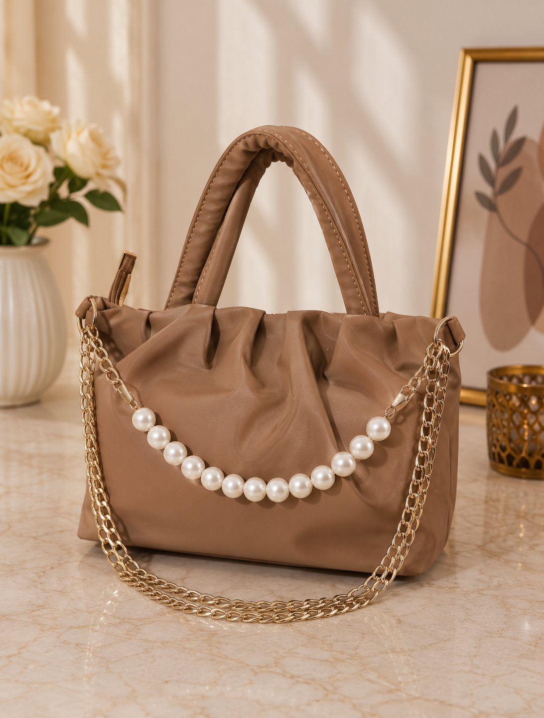 Women's Brown Pearl Chain Handbag