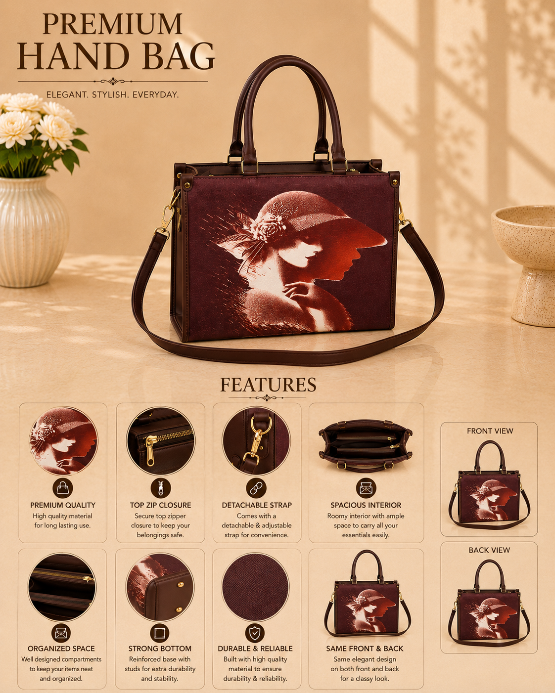 Women's Vintage Portrait Print Structured Tote Handbag