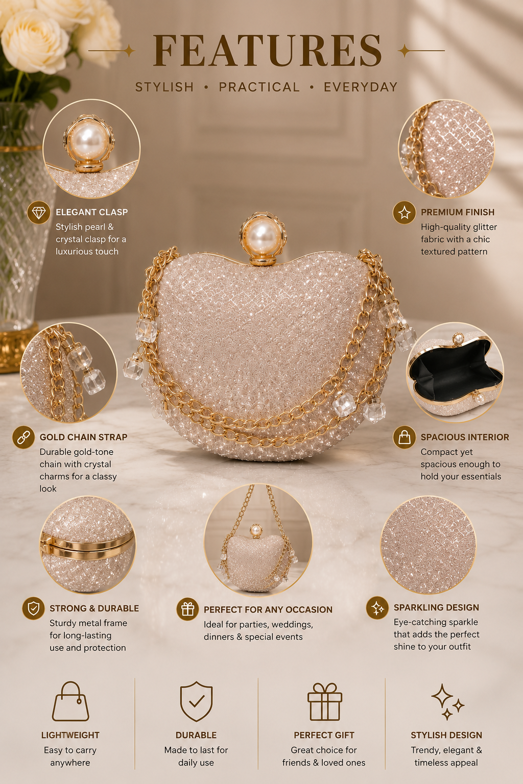 Women's Glitter Pearl Clutch Bag