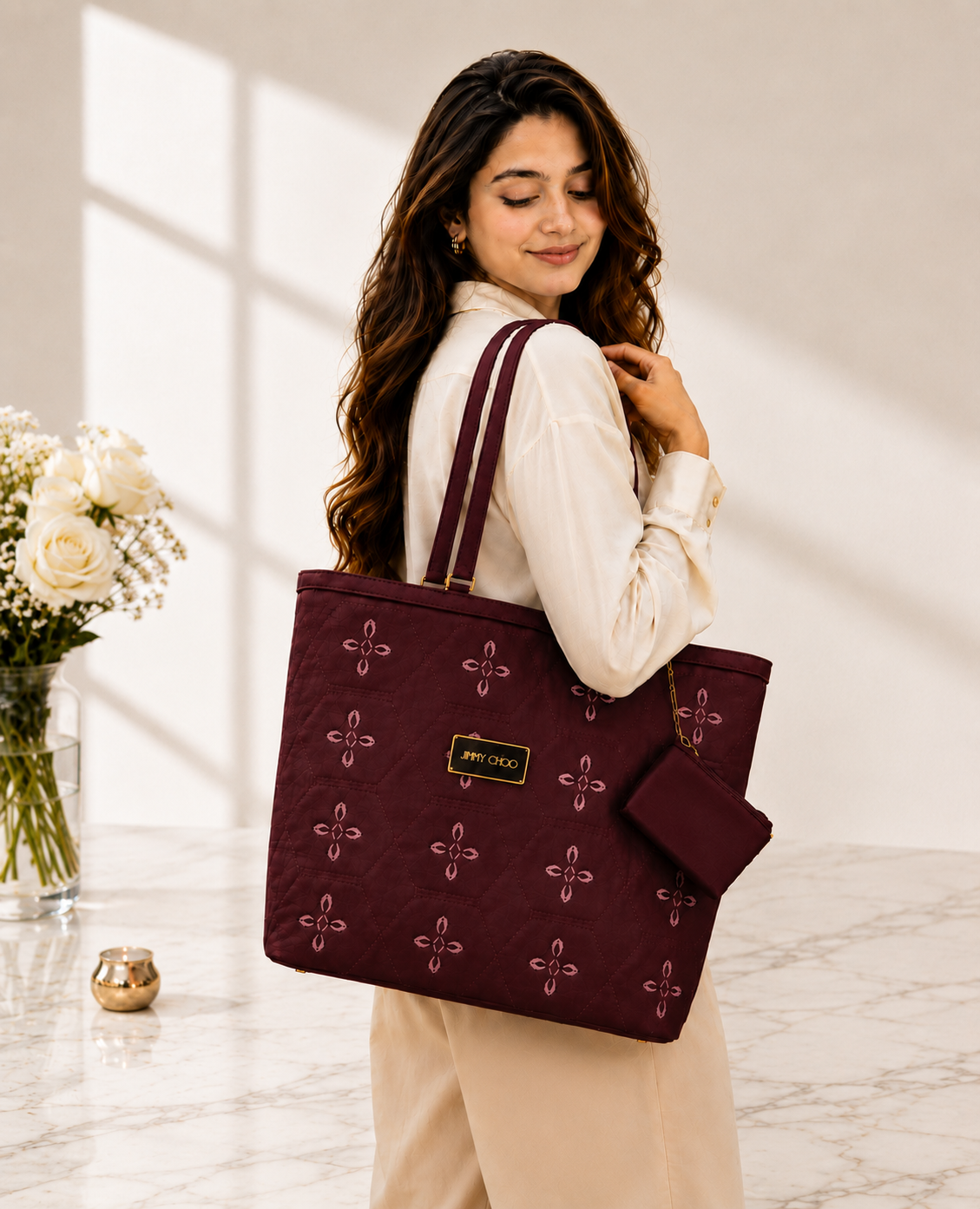 Women's Burgundy Embroidered Tote Bag