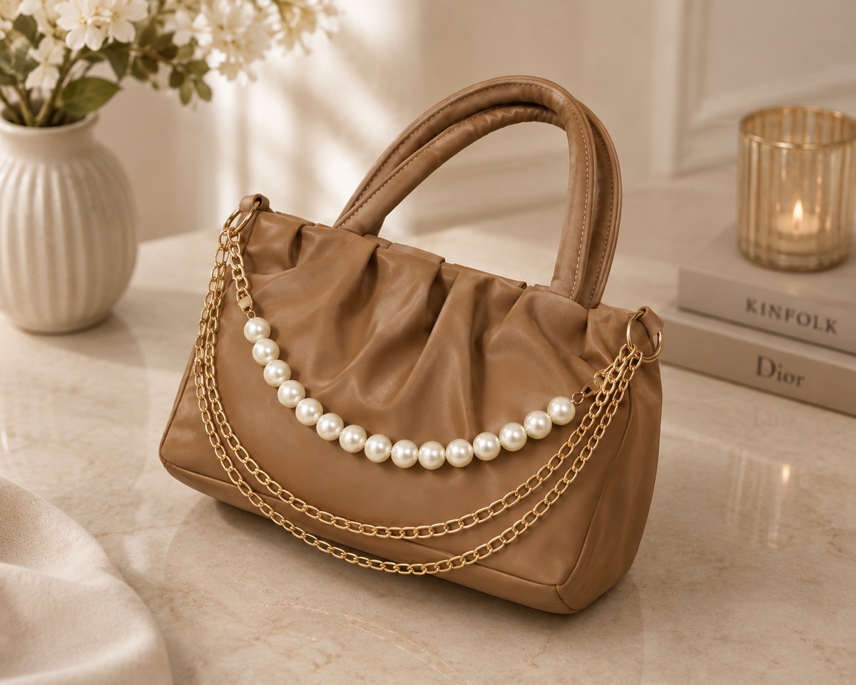 Women's Brown Pearl Chain Handbag