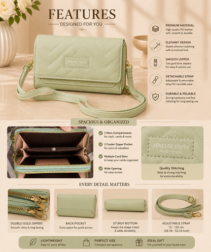 Women's Light Sage Green Quilted Flap Crossbody Wallet Bag