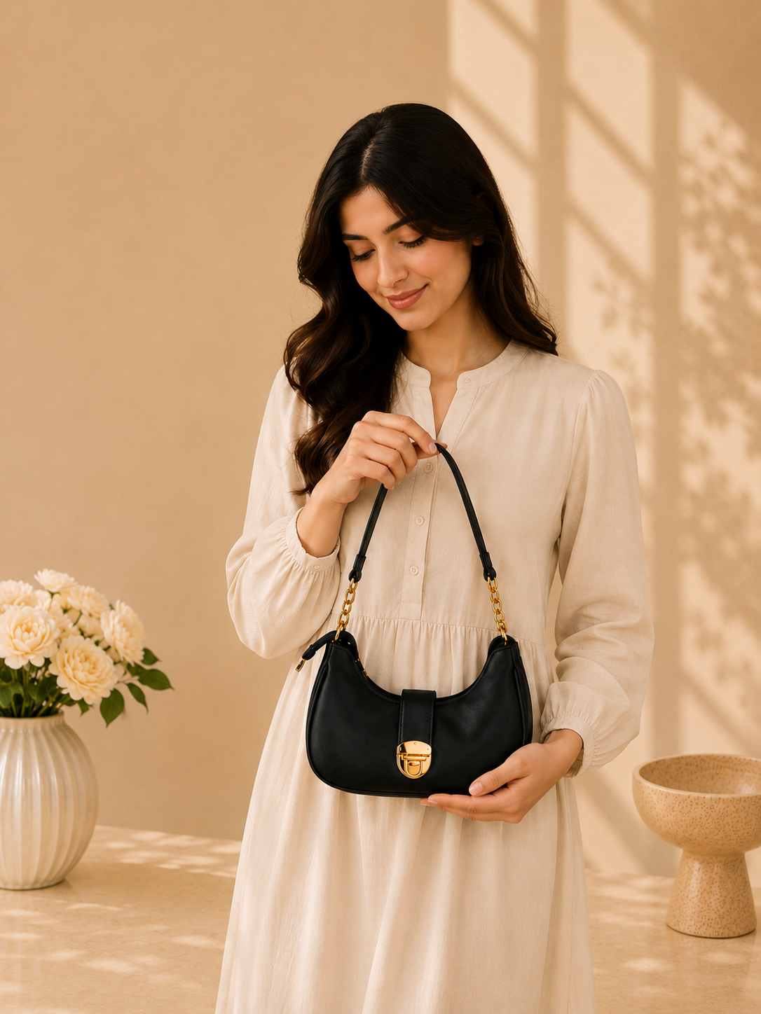 Women's Black Crescent Hobo Shoulder Bag