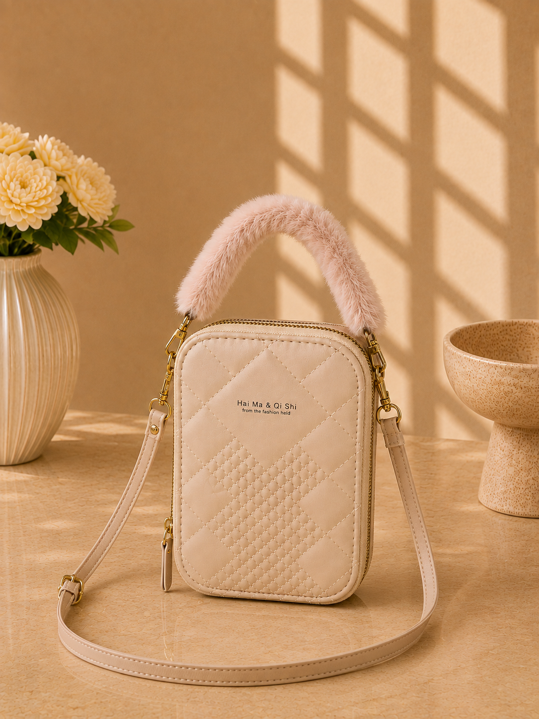 Women's Light Beige Quilted Mini Crossbody Phone Bag