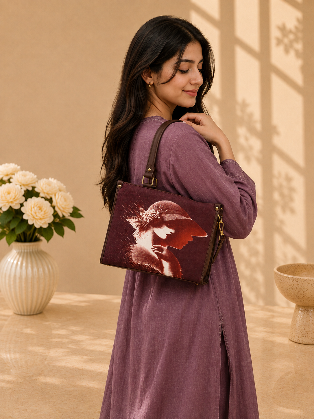 Women's Vintage Portrait Print Structured Tote Handbag