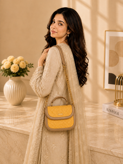 Women's Yellow Quilted Mini Top Handle Crossbody Bag