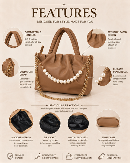 Women's Brown Pearl Chain Handbag