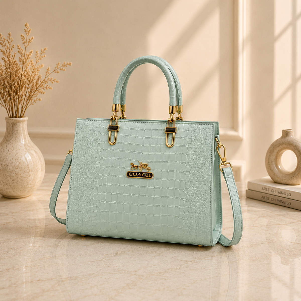 Women's Mint Green Croc-Embossed Tote Bag