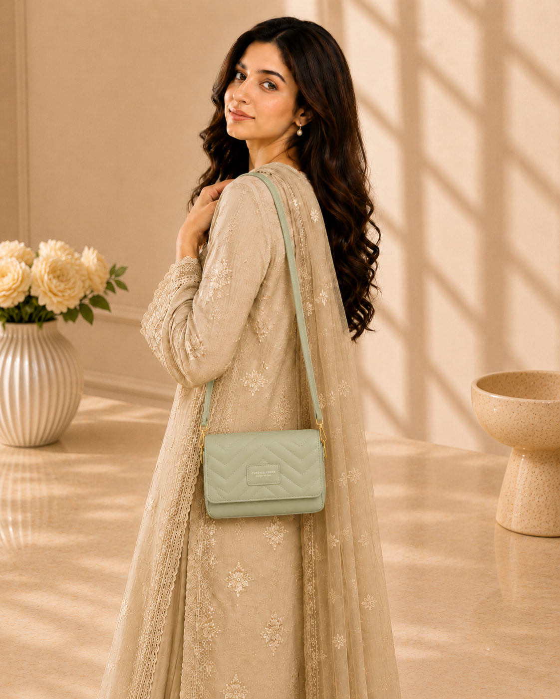 Women's Light Sage Green Quilted Flap Crossbody Wallet Bag