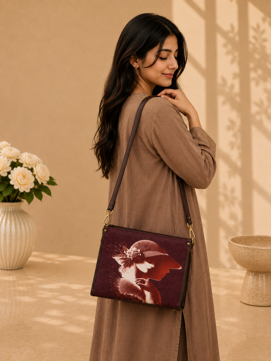 Women's Vintage Portrait Print Structured Tote Handbag