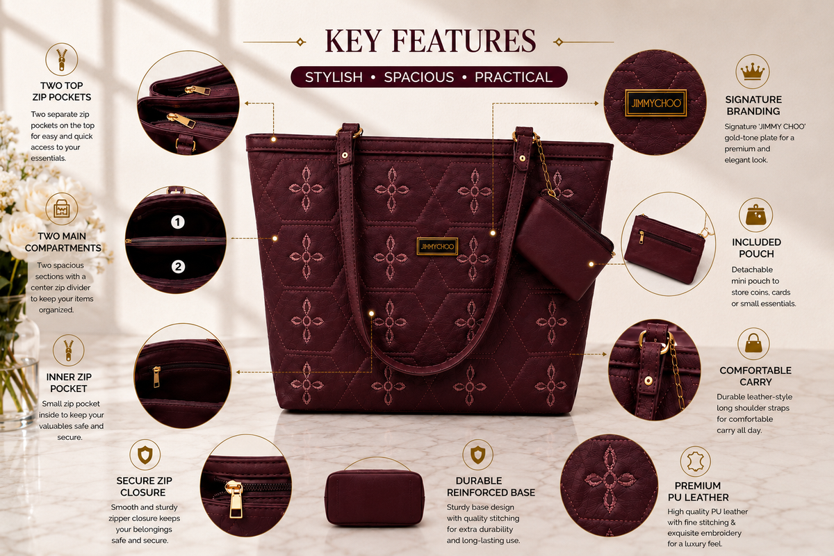 Women's Burgundy Embroidered Tote Bag