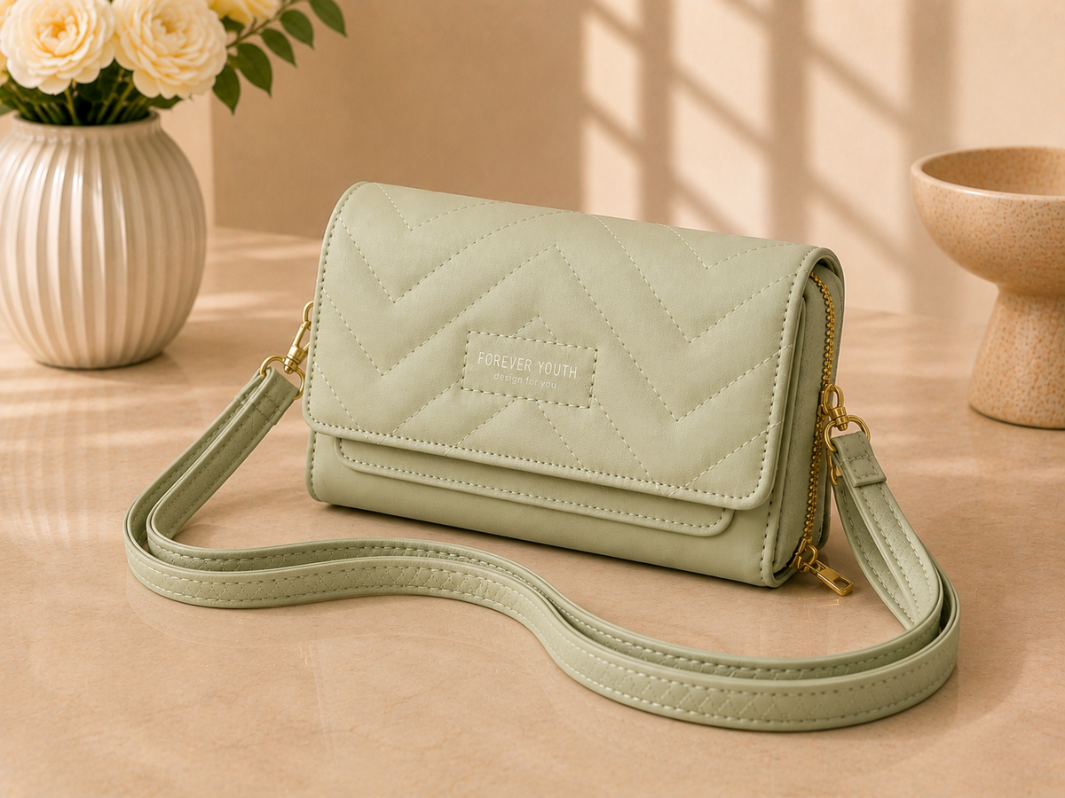 Women's Light Sage Green Quilted Flap Crossbody Wallet Bag