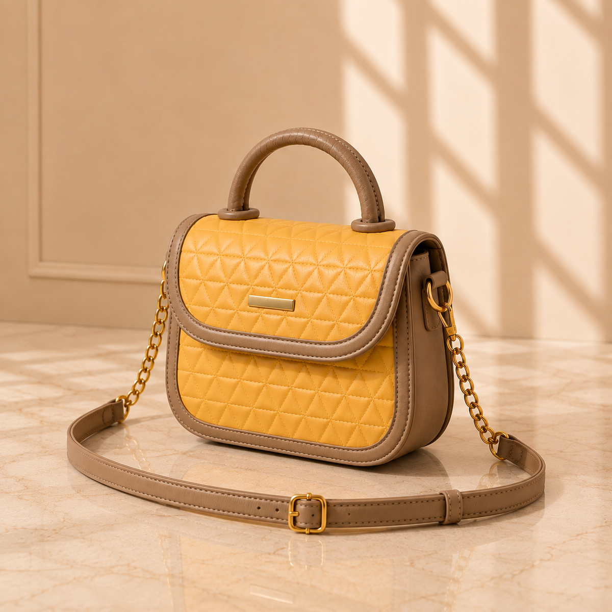 Women's Yellow Quilted Mini Top Handle Crossbody Bag