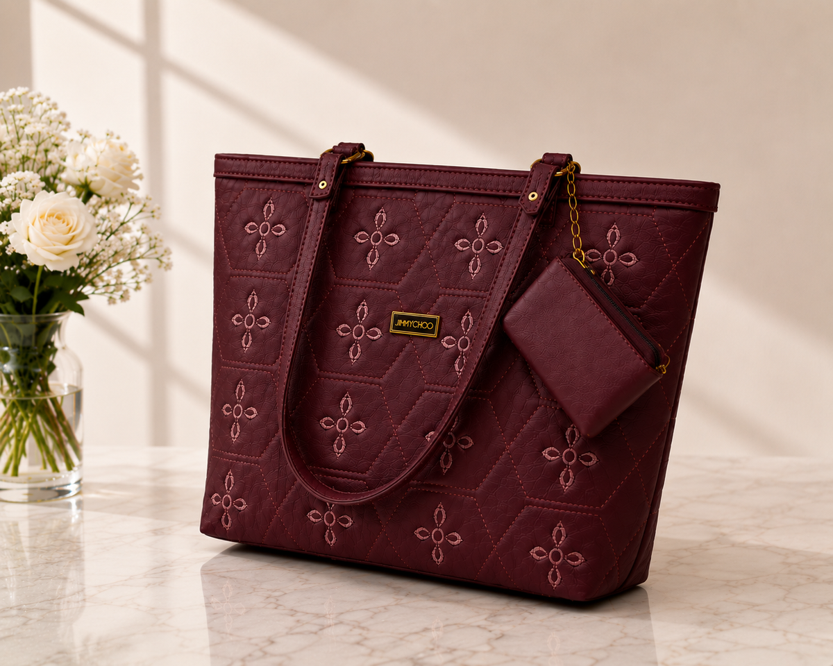 Women's Burgundy Embroidered Tote Bag