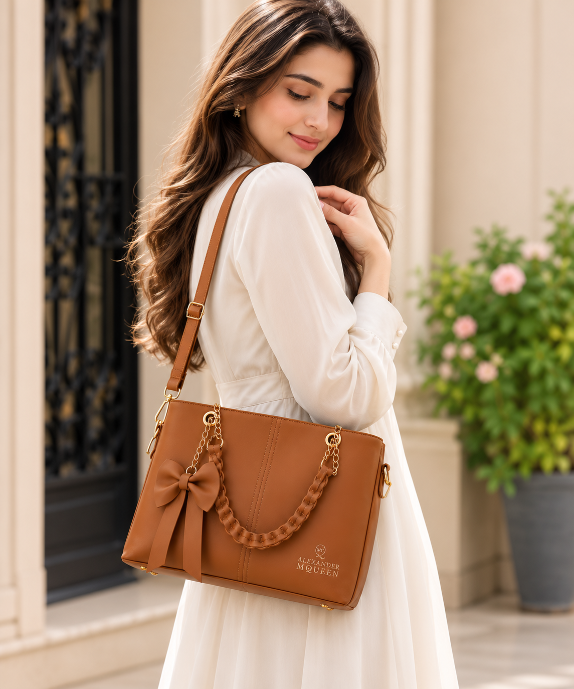 Women's Brown Bow Chain Tote Bag