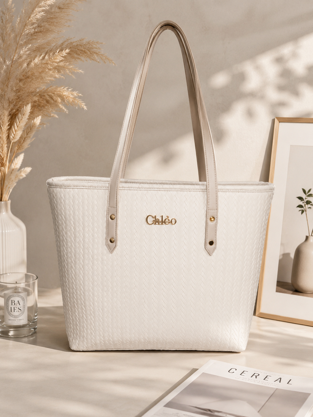 Women's White Woven Tote Bag