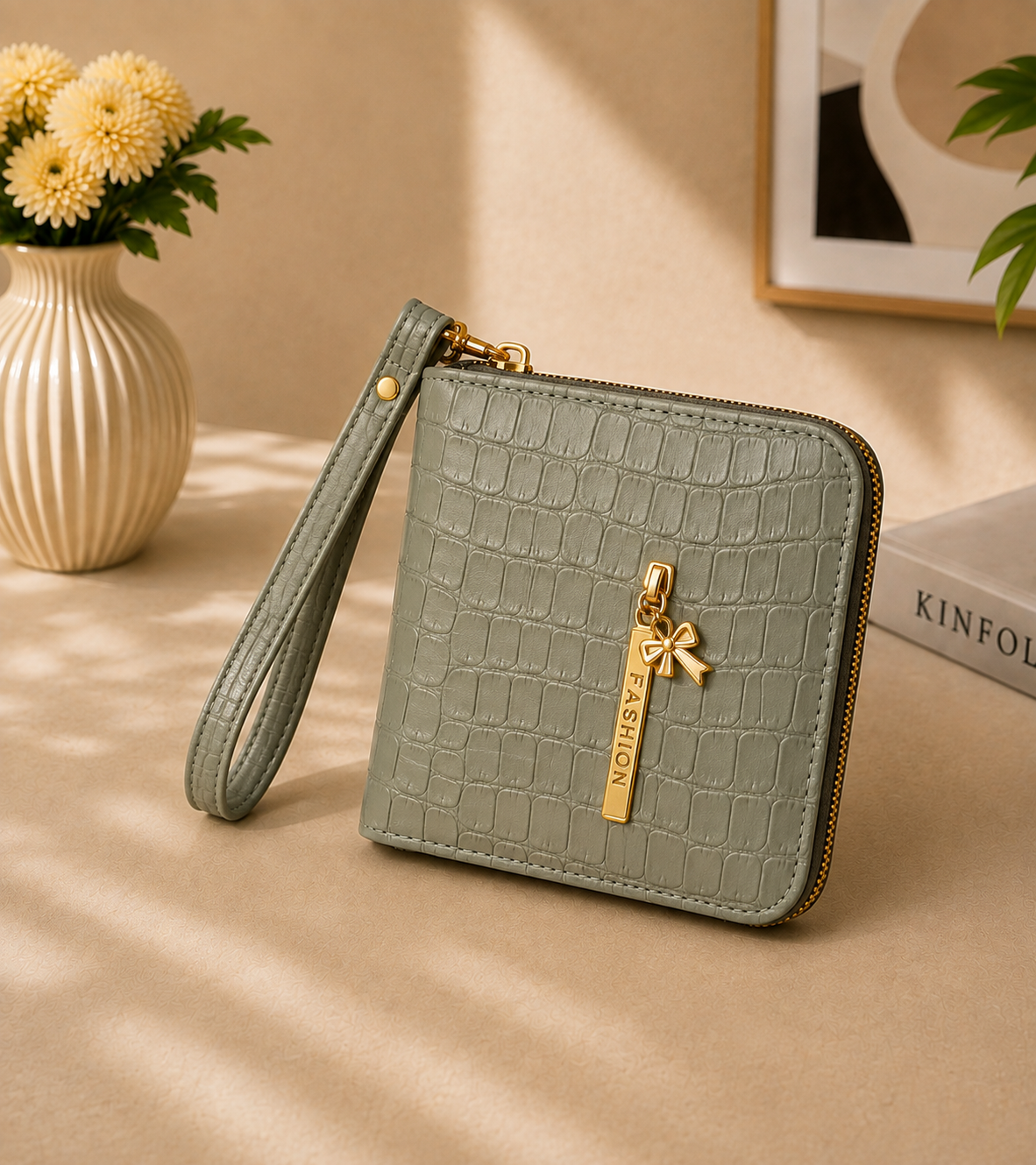 Crocodile-Embossed PU Leather Wristlet Wallet