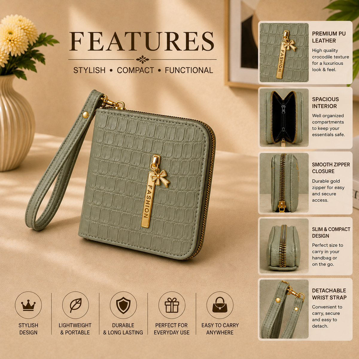 Crocodile-Embossed PU Leather Wristlet Wallet