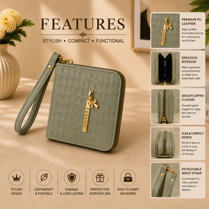 Crocodile-Embossed PU Leather Wristlet Wallet